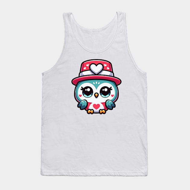 Cute Kawaii Valentine's Owl with a Hearts Hat Tank Top by Luvleigh